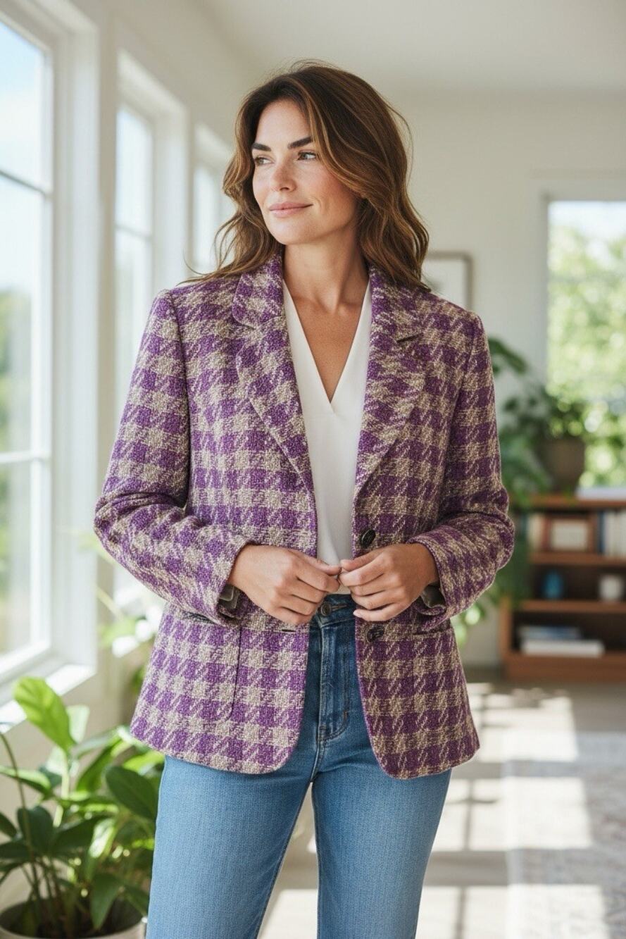 Vintage Purple Plaid Tweed Blazer Jacket Preppy Academia Women’s Size 12 Petite